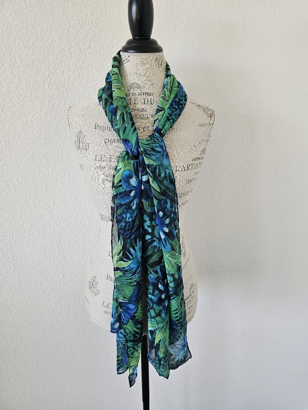 Sheer Tropical Botanical Oblong Scarf Royal Blue Green Palm Leaves Sarong 72x18